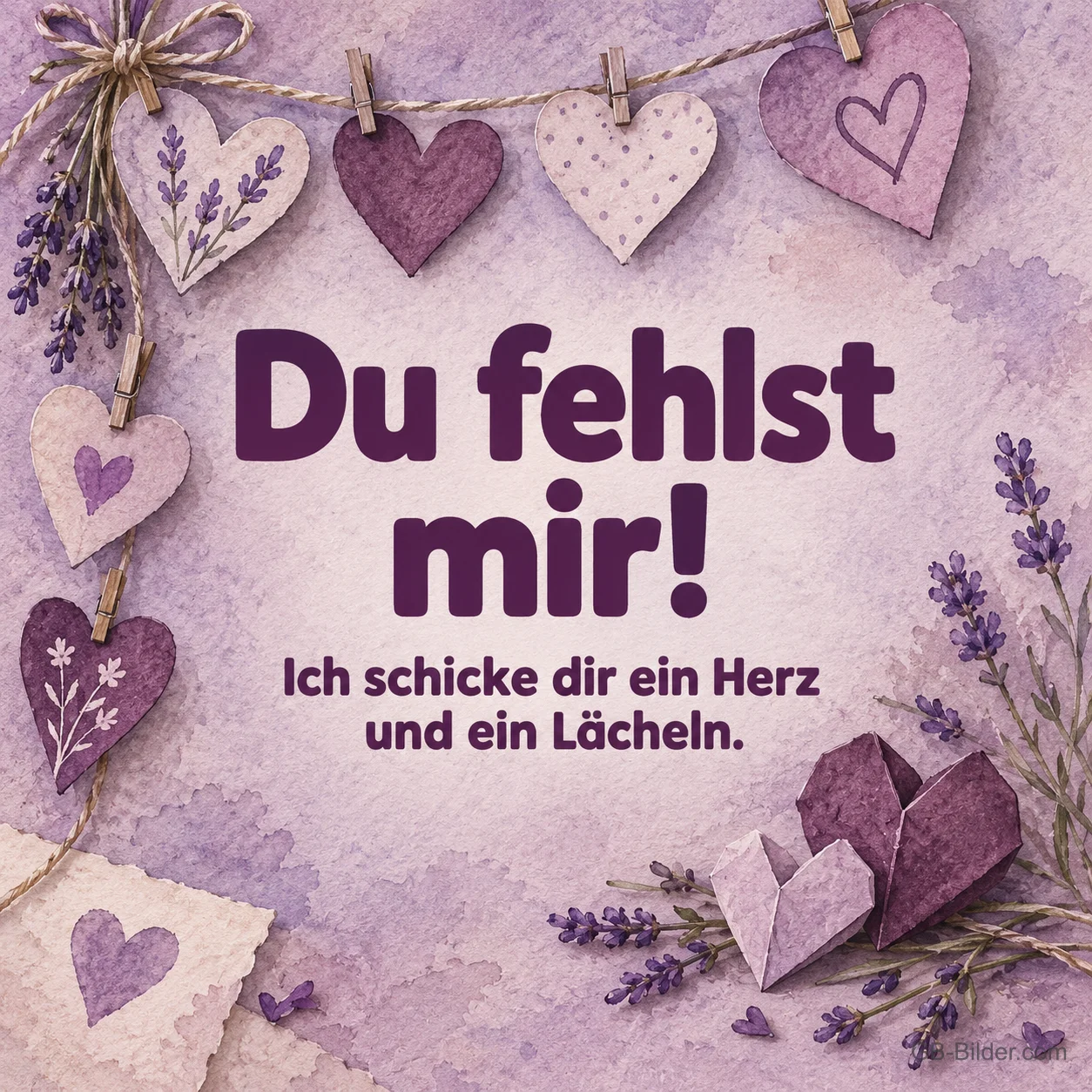 Lila Herzen an einer Schnur mit Lavendel, Text: Du fehlst mir! Ich schicke dir ein Herz und ein Lächeln. Lila Herzen an einer Schnur mit Lavendel, Text: Du fehlst mir! Ich schicke dir ein Herz und ein Lächeln.