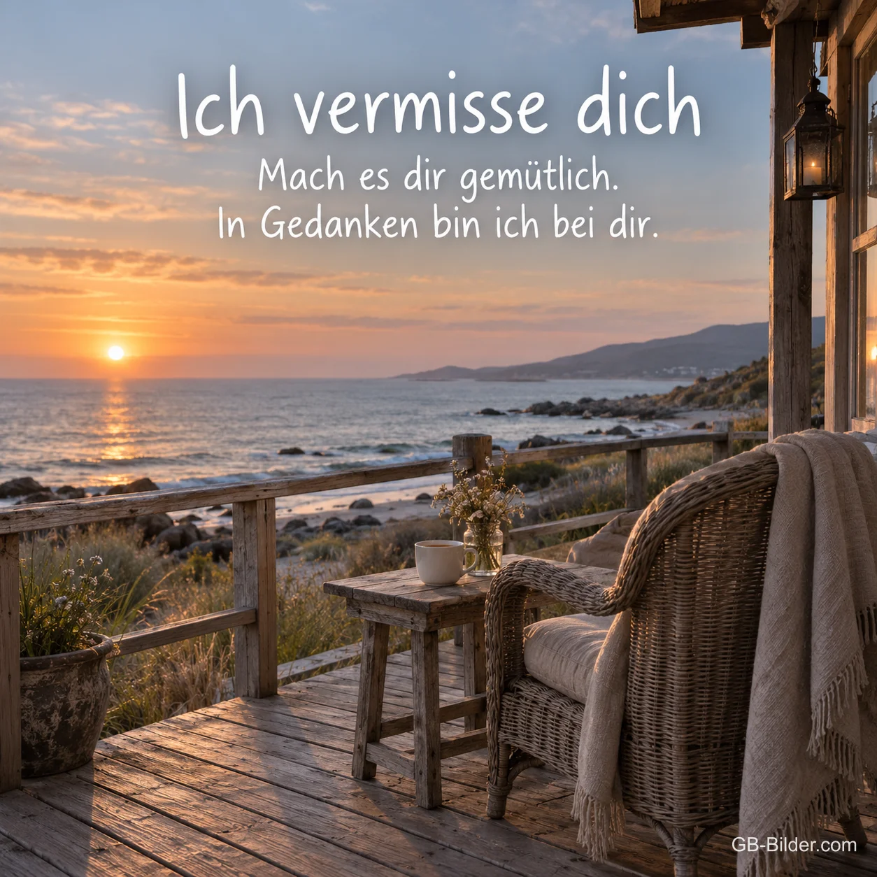 Korbsessel auf einer Veranda am Meer, Text: Ich vermisse dich – In Gedanken bin ich bei dir. Korbsessel auf einer Veranda am Meer, Text: Ich vermisse dich – In Gedanken bin ich bei dir.