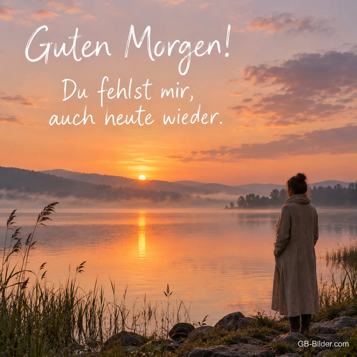 Frau am See im Sonnenaufgang, Text: Guten Morgen! Du fehlst mir, auch heute wieder. Frau am See im Sonnenaufgang, Text: Guten Morgen! Du fehlst mir, auch heute wieder.