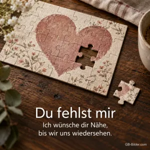 Herzpuzzle mit fehlendem Teil, Text: Du fehlst mir – Ich wünsche dir Nähe, bis wir uns wiedersehen.