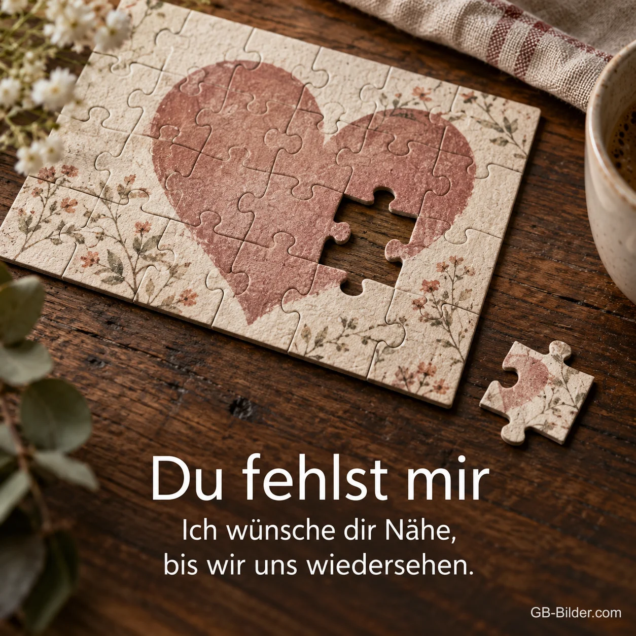 Herzpuzzle mit fehlendem Teil, Text: Du fehlst mir – Ich wünsche dir Nähe, bis wir uns wiedersehen. Herzpuzzle mit fehlendem Teil, Text: Du fehlst mir – Ich wünsche dir Nähe, bis wir uns wiedersehen.