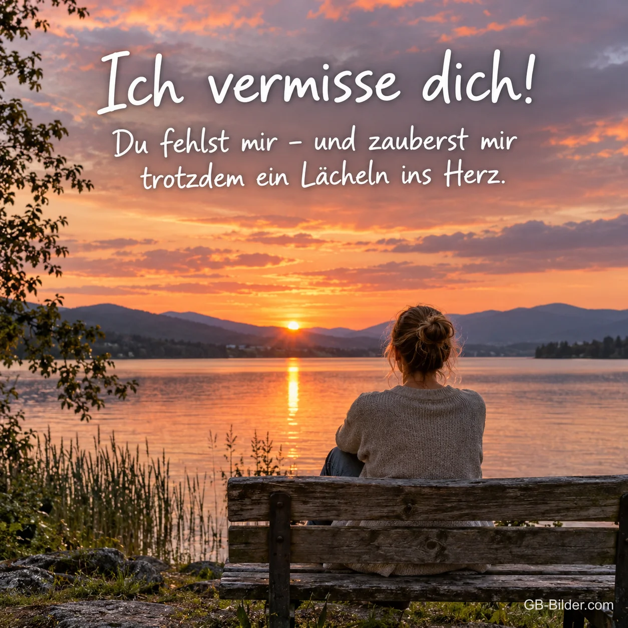 Frau auf einer Bank am See, Text: Ich vermisse dich! Du fehlst mir Frau auf einer Bank am See, Text: Ich vermisse dich! Du fehlst mir