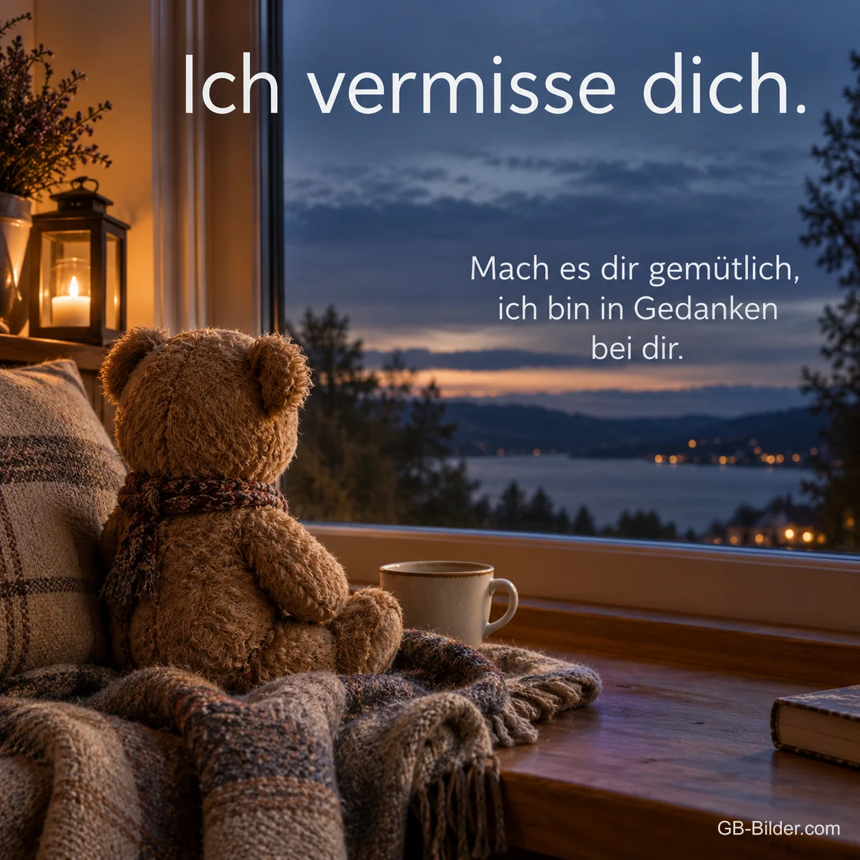 Teddybär am Fenster mit Blick auf einen See, Text: Ich vermisse dich. Ich bin in Gedanken bei dir. Teddybär am Fenster mit Blick auf einen See, Text: Ich vermisse dich. Ich bin in Gedanken bei dir.