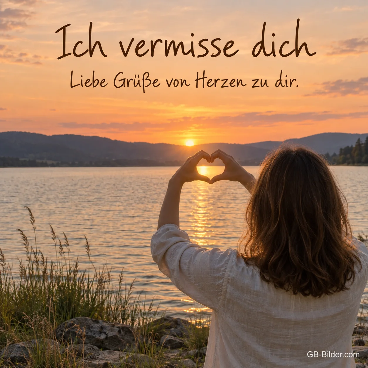 Frau formt ein Herz um die Sonne am See, Text: Ich vermisse dich – Liebe Grüße von Herzen zu dir. Frau formt ein Herz um die Sonne am See, Text: Ich vermisse dich – Liebe Grüße von Herzen zu dir.