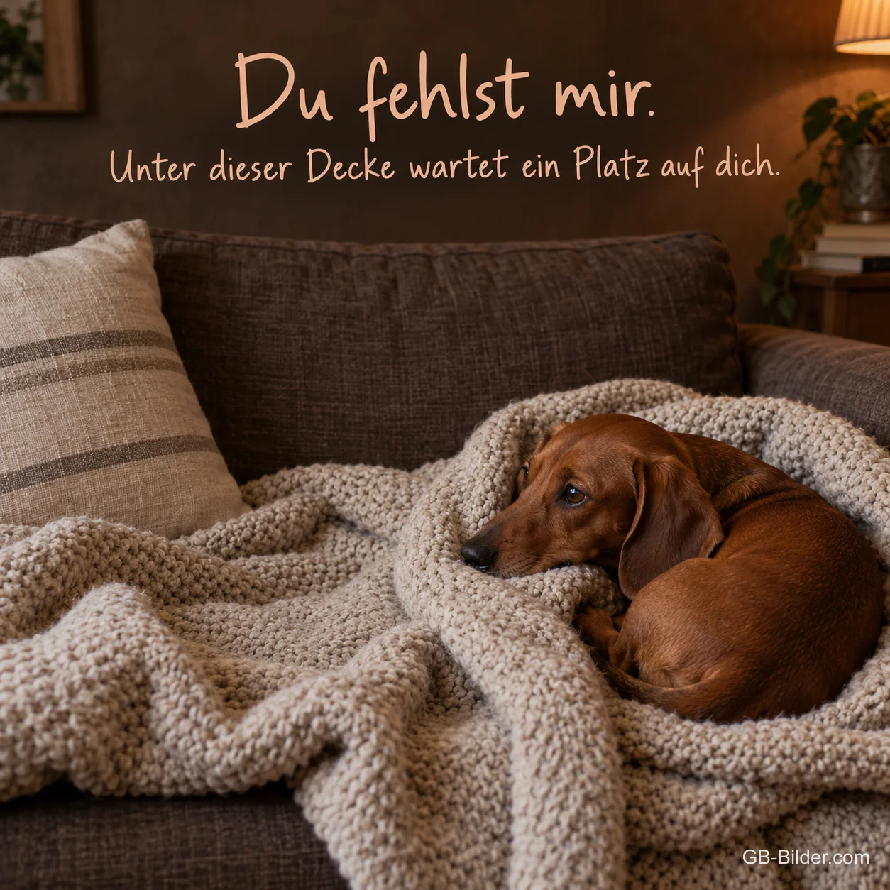 Dackel in einer Strickdecke auf dem Sofa, Text: Du fehlst mir. Unter dieser Decke wartet ein Platz auf dich. Dackel in einer Strickdecke auf dem Sofa, Text: Du fehlst mir. Unter dieser Decke wartet ein Platz auf dich.
