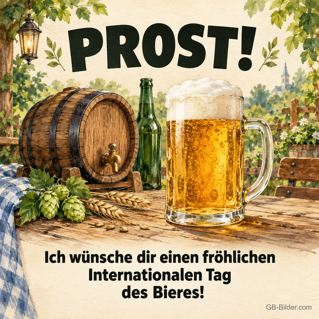 Bierfass und Maßkrug mit Hopfen, Text: PROST! Einen fröhlichen Internationalen Tag des Bieres!