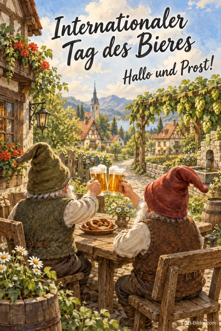 Zwei Wichtel stoßen im Biergarten an, Text: Internationaler Tag des Bieres – Hallo und Prost!