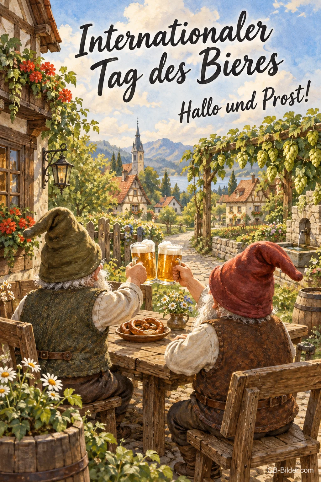 Zwei Wichtel stoßen im Biergarten an, Text: Internationaler Tag des Bieres – Hallo und Prost!