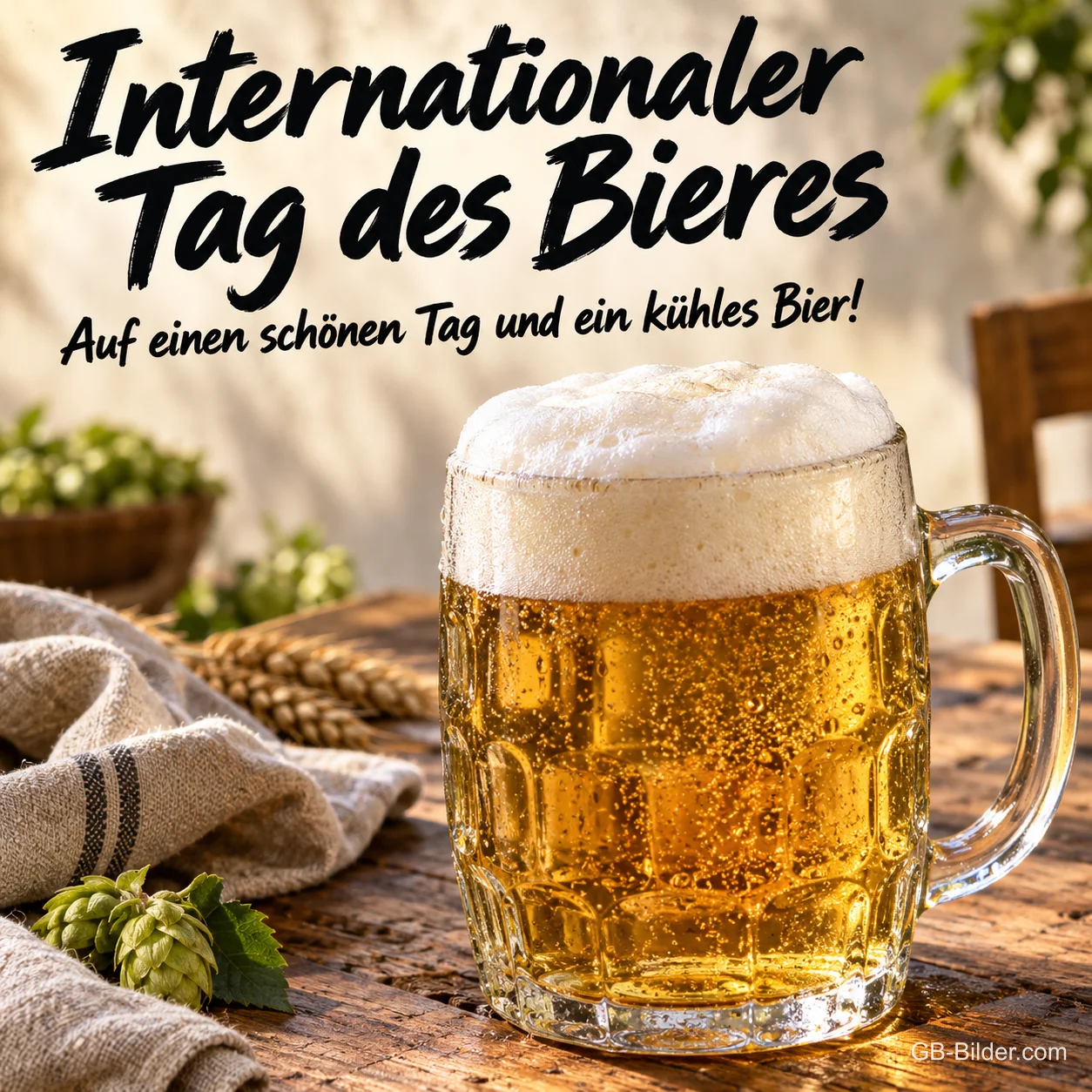 Maßkrug Bier mit Hopfen, Text: Internationaler Tag des Bieres – Auf einen schönen Tag und ein kühles Bier!