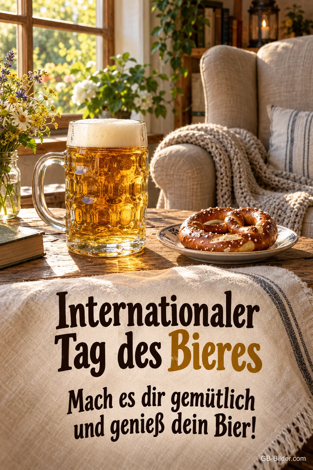 Maßkrug und Brezel neben einem Sessel, Text: Internationaler Tag des Bieres – Mach es dir gemütlich