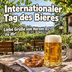 Maßkrug und Brezel im Biergarten, Text: Internationaler Tag des Bieres – Liebe Grüße von Herzen