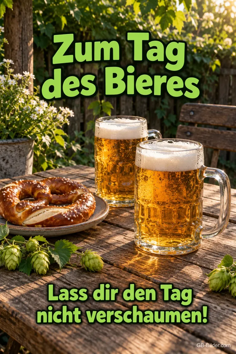 Zwei Maßkrüge mit Brezeln, Text: Zum Tag des Bieres – Lass dir den Tag nicht verschaumen!