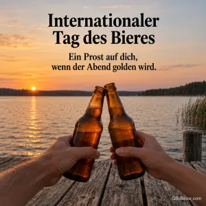Anstoßen mit Bierflaschen am See, Text: Internationaler Tag des Bieres – Ein Prost auf dich