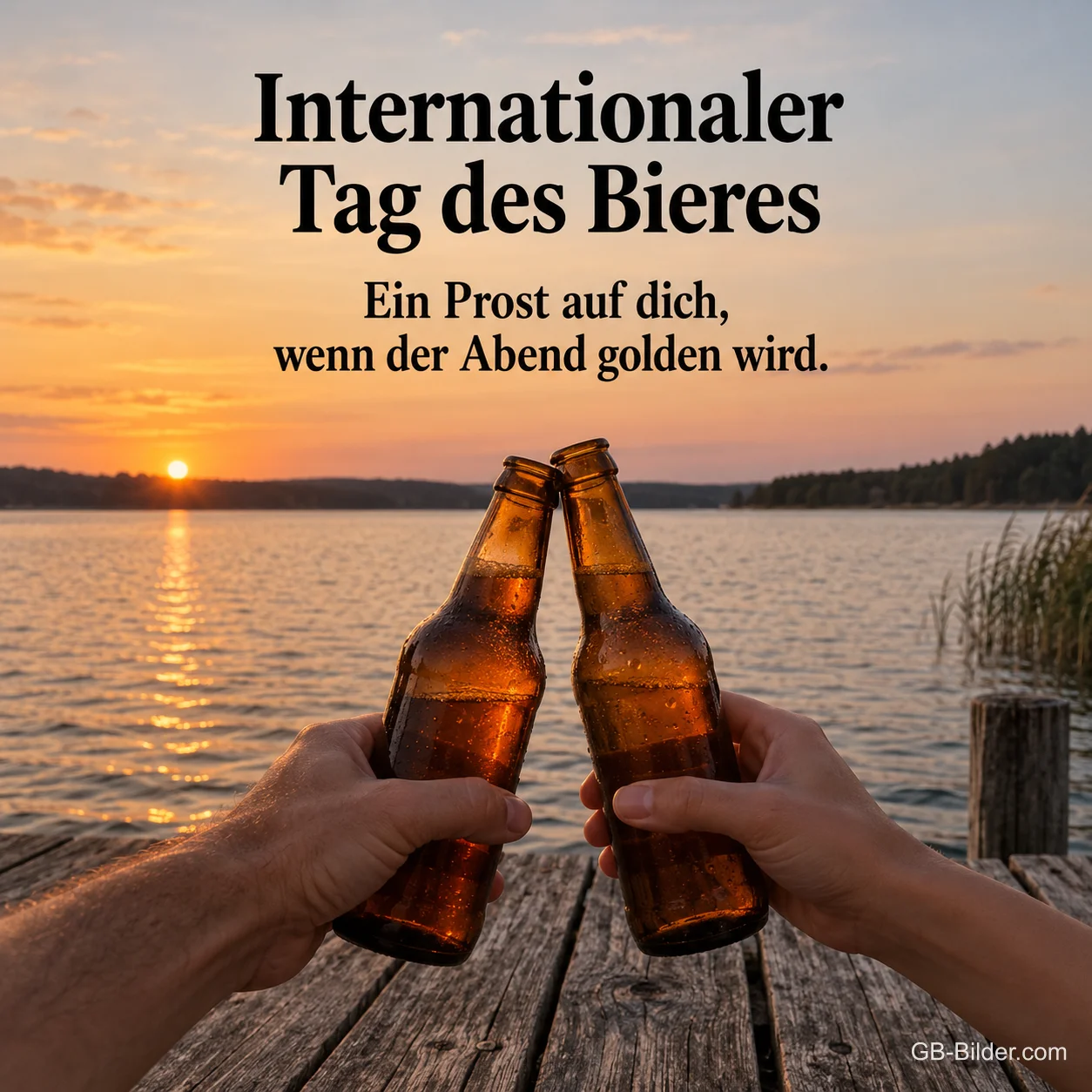 Anstoßen mit Bierflaschen am See, Text: Internationaler Tag des Bieres – Ein Prost auf dich