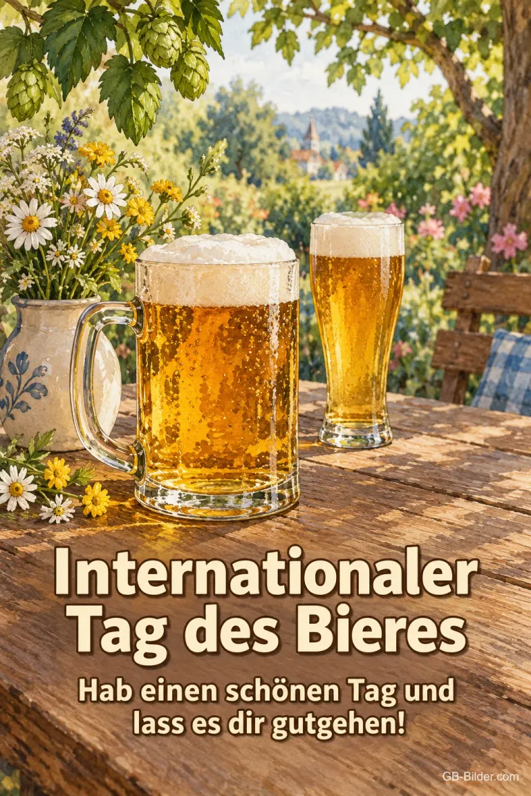 Maßkrug und Weizenbier im Garten, Text: Internationaler Tag des Bieres