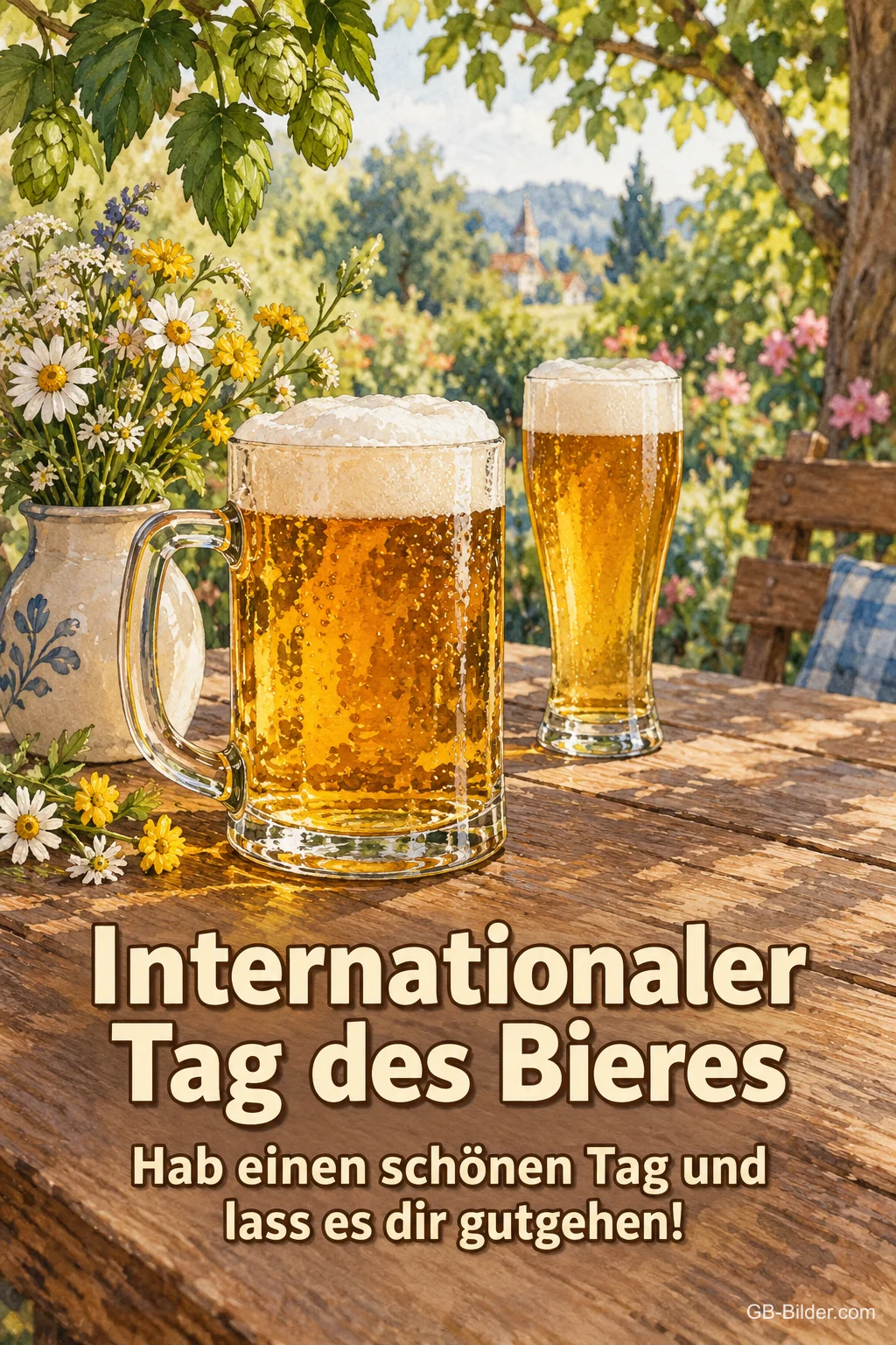 Maßkrug und Weizenbier im Garten, Text: Internationaler Tag des Bieres