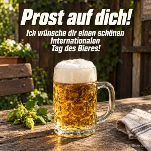 Maßkrug mit Hopfen auf einem Gartentisch, Text: Prost auf dich!