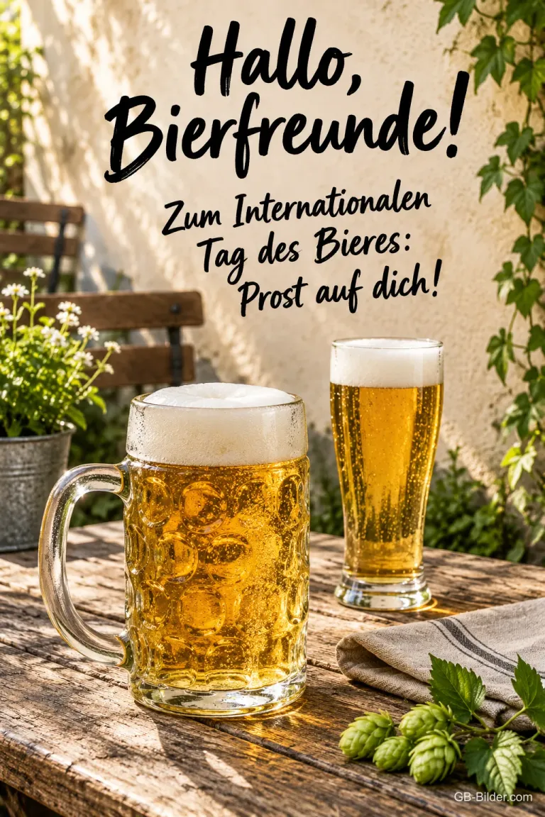 Maßkrug und Bierglas im Garten, Text: Hallo, Bierfreunde! Prost auf dich!