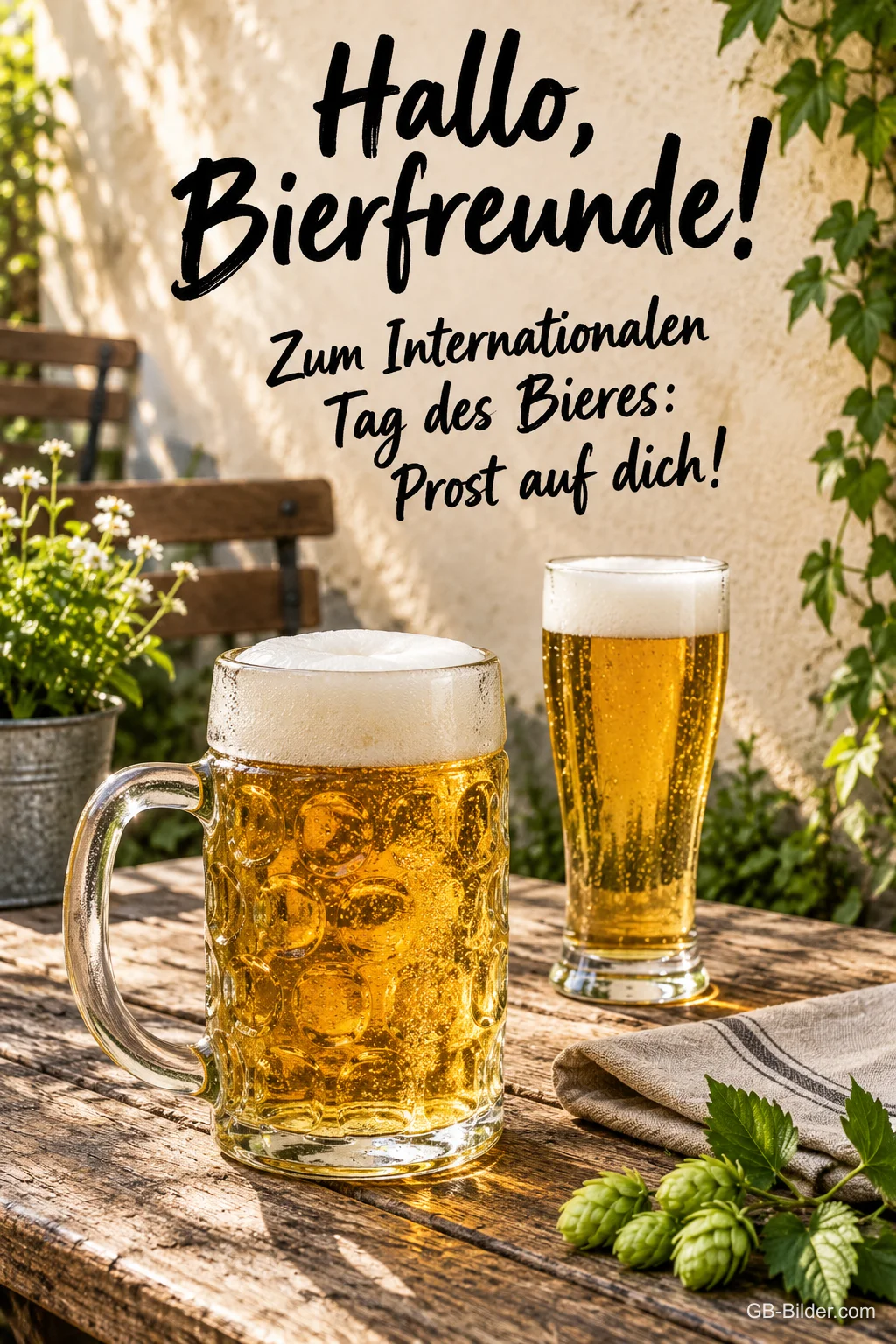 Maßkrug und Bierglas im Garten, Text: Hallo, Bierfreunde! Prost auf dich!