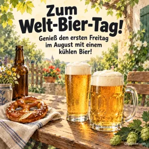 Biergläser und Brezel im Garten, Text: Zum Welt-Bier-Tag!