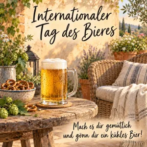 Maßkrug und Brezeln neben einem Korbsessel, Text: Internationaler Tag des Bieres