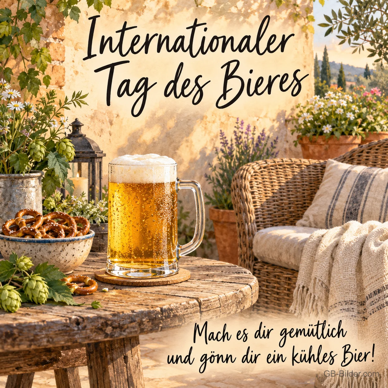 Maßkrug und Brezeln neben einem Korbsessel, Text: Internationaler Tag des Bieres