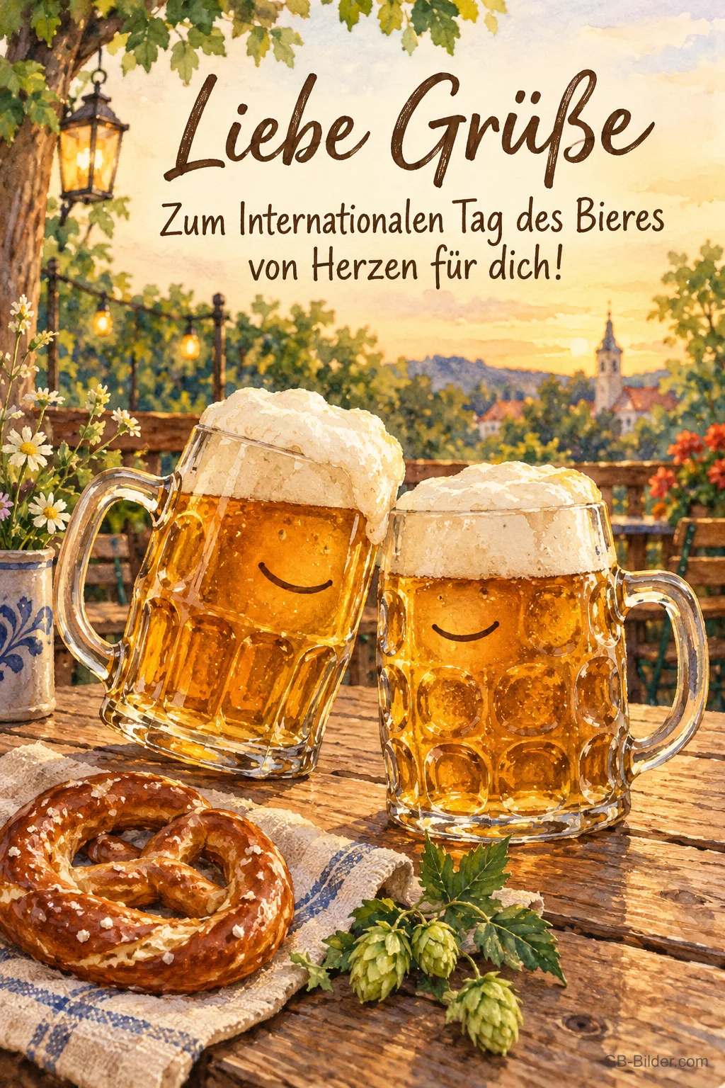 Zwei lächelnde Bierkrüge mit Brezel, Text: Liebe Grüße zum Internationalen Tag des Bieres