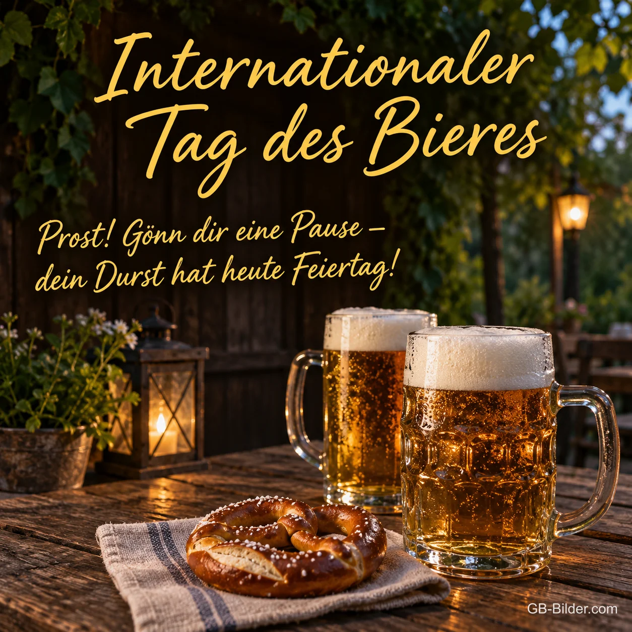 Bierkrüge und Brezel im abendlichen Biergarten, Text: Prost! Dein Durst hat heute Feiertag!