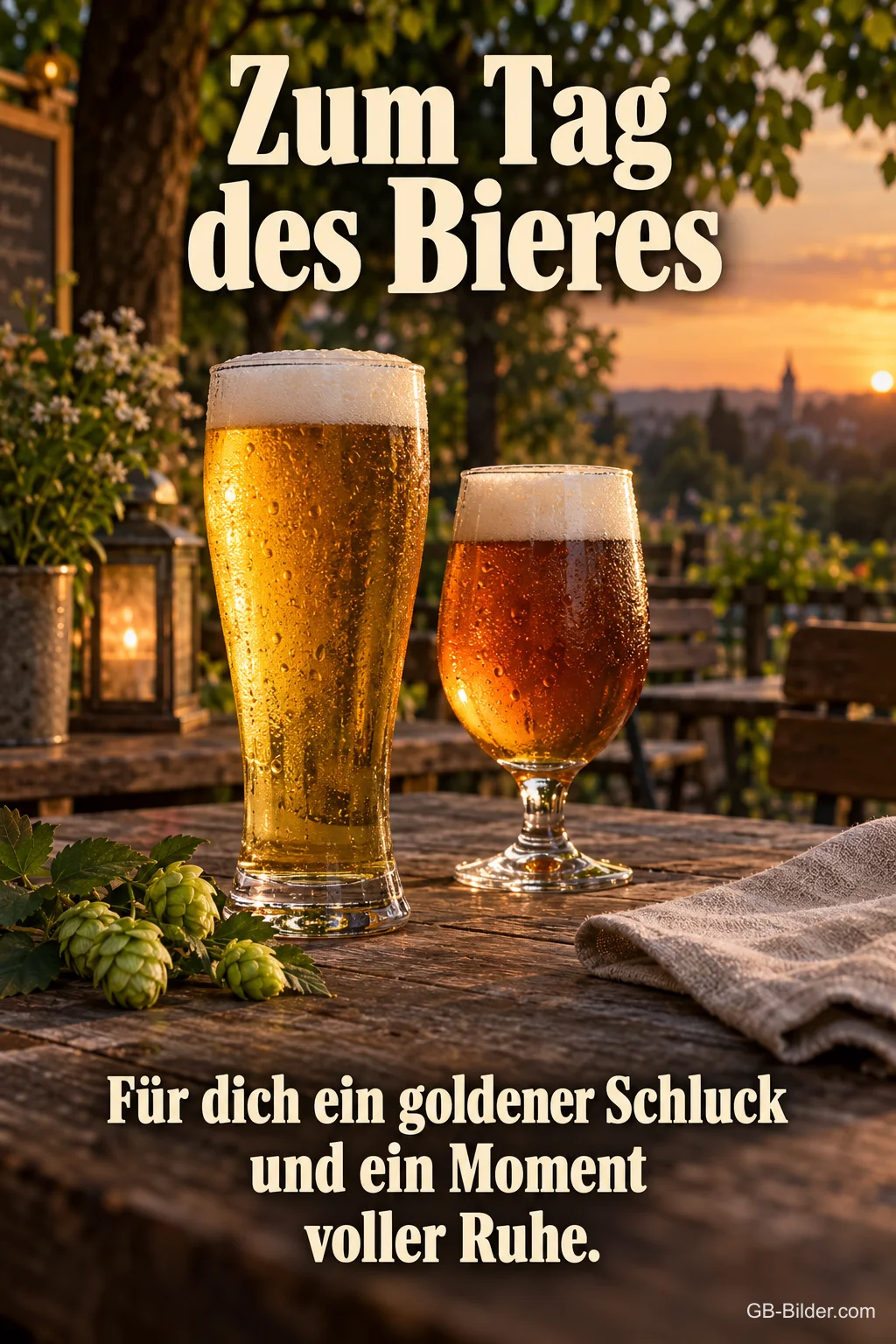 Zwei Biergläser im abendlichen Biergarten, Text: Zum Tag des Bieres
