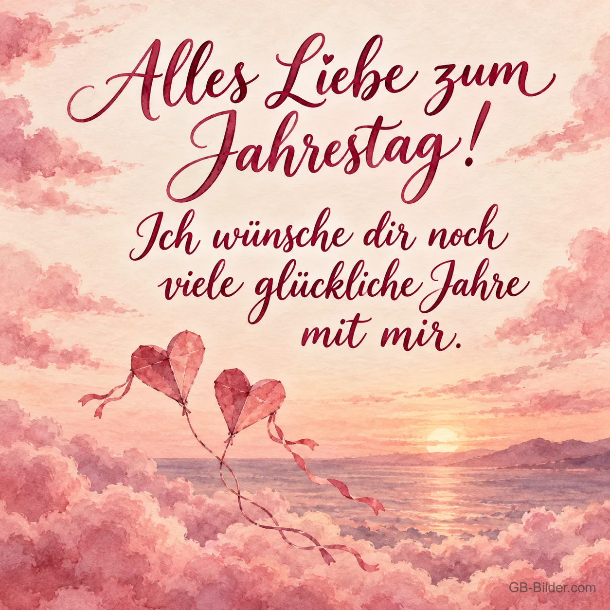 Herzdrachen über rosa Wolken, Text: Alles Liebe zum Jahrestag! Herzdrachen über rosa Wolken, Text: Alles Liebe zum Jahrestag!