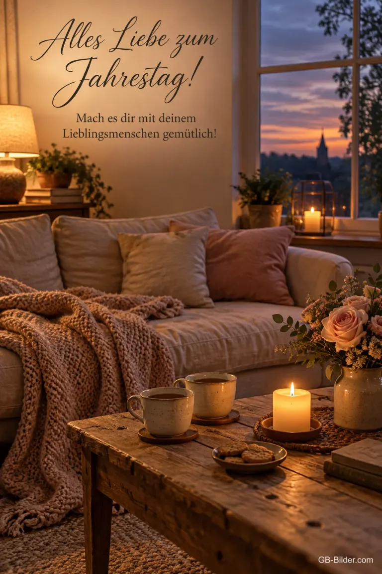 Gemütliches Wohnzimmer mit Kerze, Text: Alles Liebe zum Jahrestag!