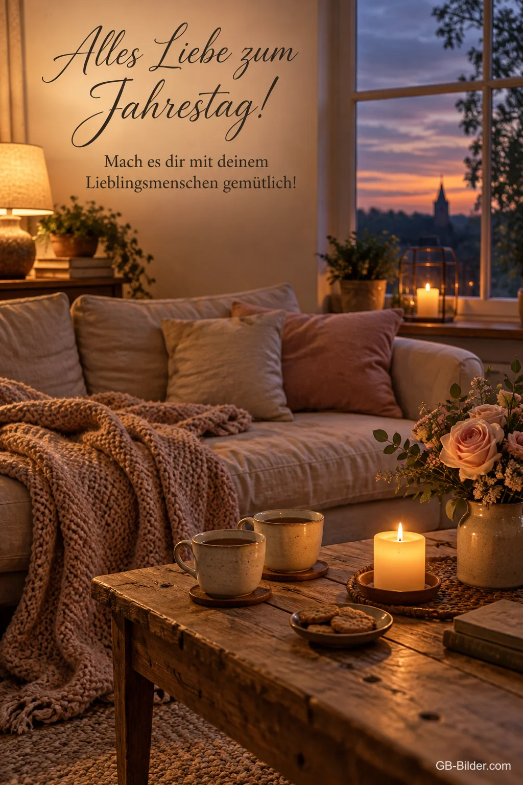 Gemütliches Wohnzimmer mit Kerze, Text: Alles Liebe zum Jahrestag! Gemütliches Wohnzimmer mit Kerze, Text: Alles Liebe zum Jahrestag!
