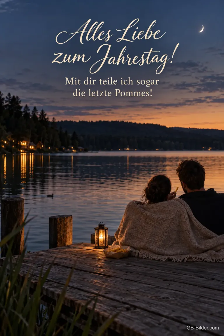 Paar unter einer Decke am See, Text: Alles Liebe zum Jahrestag! Mit dir teile ich sogar die letzte Pommes!