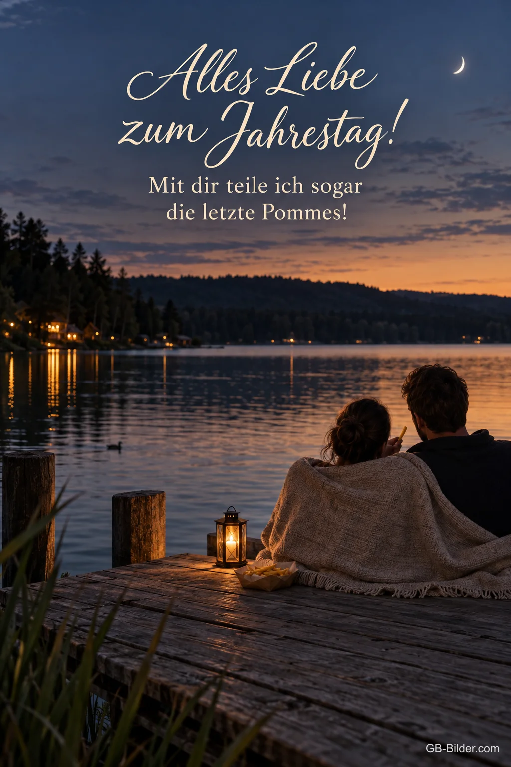 Paar unter einer Decke am See, Text: Alles Liebe zum Jahrestag! Mit dir teile ich sogar die letzte Pommes! Paar unter einer Decke am See, Text: Alles Liebe zum Jahrestag! Mit dir teile ich sogar die letzte Pommes!