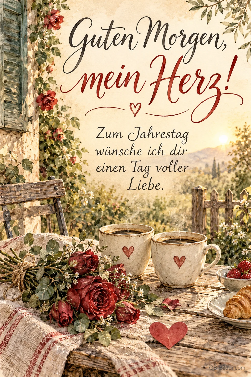 Zwei Tassen mit Herzen zwischen Rosen, Text: Guten Morgen, mein Herz! Zum Jahrestag Zwei Tassen mit Herzen zwischen Rosen, Text: Guten Morgen, mein Herz! Zum Jahrestag