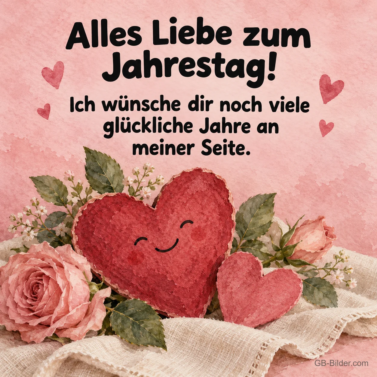 Lächelndes Filzherz zwischen Rosen, Text: Alles Liebe zum Jahrestag! Lächelndes Filzherz zwischen Rosen, Text: Alles Liebe zum Jahrestag!