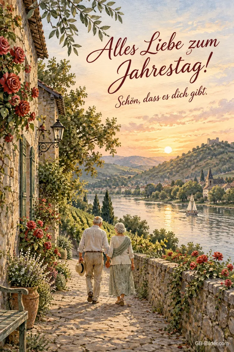 Älteres Paar am Fluss, Text: Alles Liebe zum Jahrestag! Schön, dass es dich gibt.