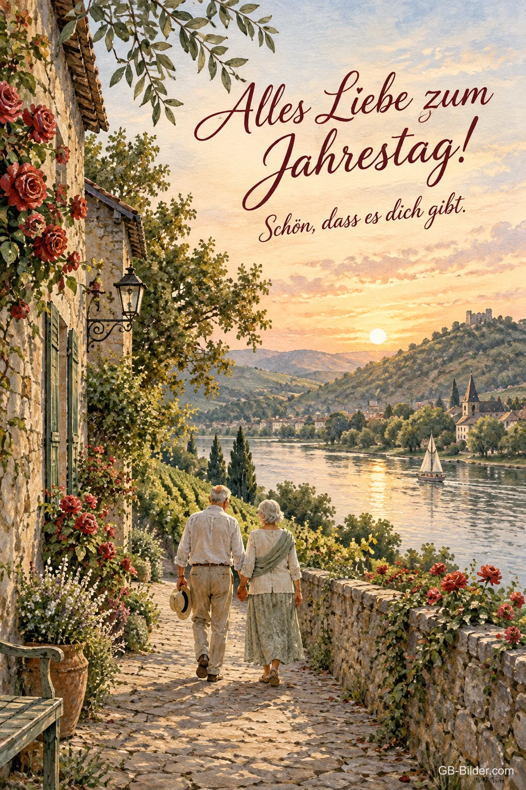 Älteres Paar am Fluss, Text: Alles Liebe zum Jahrestag! Schön, dass es dich gibt. Älteres Paar am Fluss, Text: Alles Liebe zum Jahrestag! Schön, dass es dich gibt.