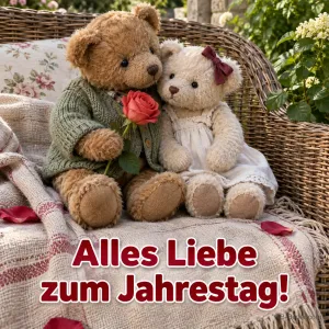 Zwei kuschelnde Teddybären mit Rose, Text: Alles Liebe zum Jahrestag!