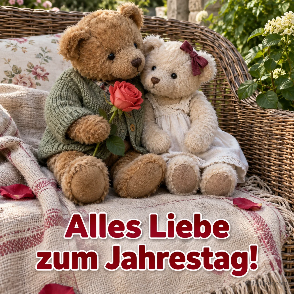 Zwei kuschelnde Teddybären mit Rose, Text: Alles Liebe zum Jahrestag! Zwei kuschelnde Teddybären mit Rose, Text: Alles Liebe zum Jahrestag!