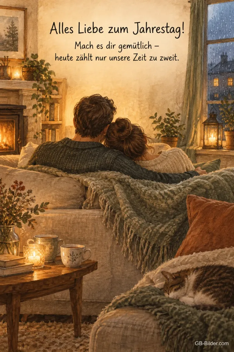 Paar auf dem Sofa vor dem Kamin, Text: Alles Liebe zum Jahrestag!