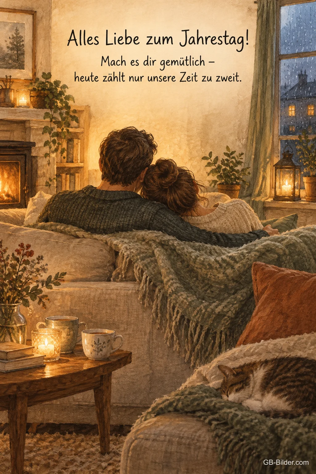 Paar auf dem Sofa vor dem Kamin, Text: Alles Liebe zum Jahrestag! Paar auf dem Sofa vor dem Kamin, Text: Alles Liebe zum Jahrestag!