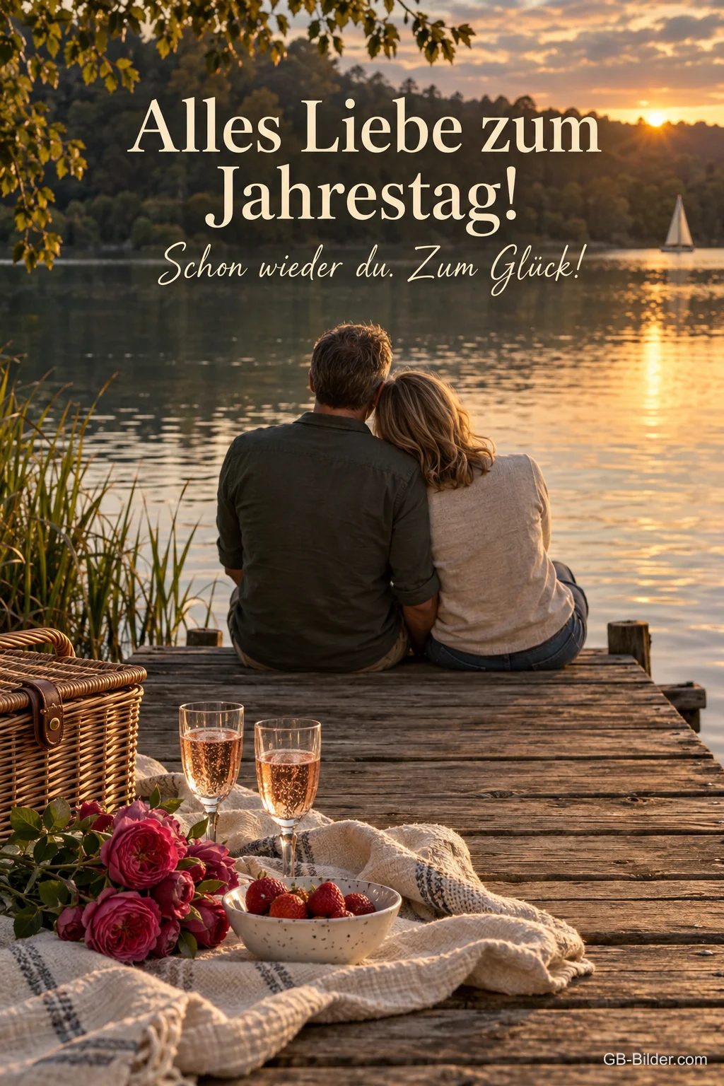 Paar auf einem Steg mit Picknick, Text: Alles Liebe zum Jahrestag! Schon wieder du. Zum Glück! Paar auf einem Steg mit Picknick, Text: Alles Liebe zum Jahrestag! Schon wieder du. Zum Glück!