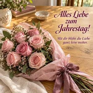 Rosa Rosenstrauß auf Holz, Text: Alles Liebe zum Jahrestag!