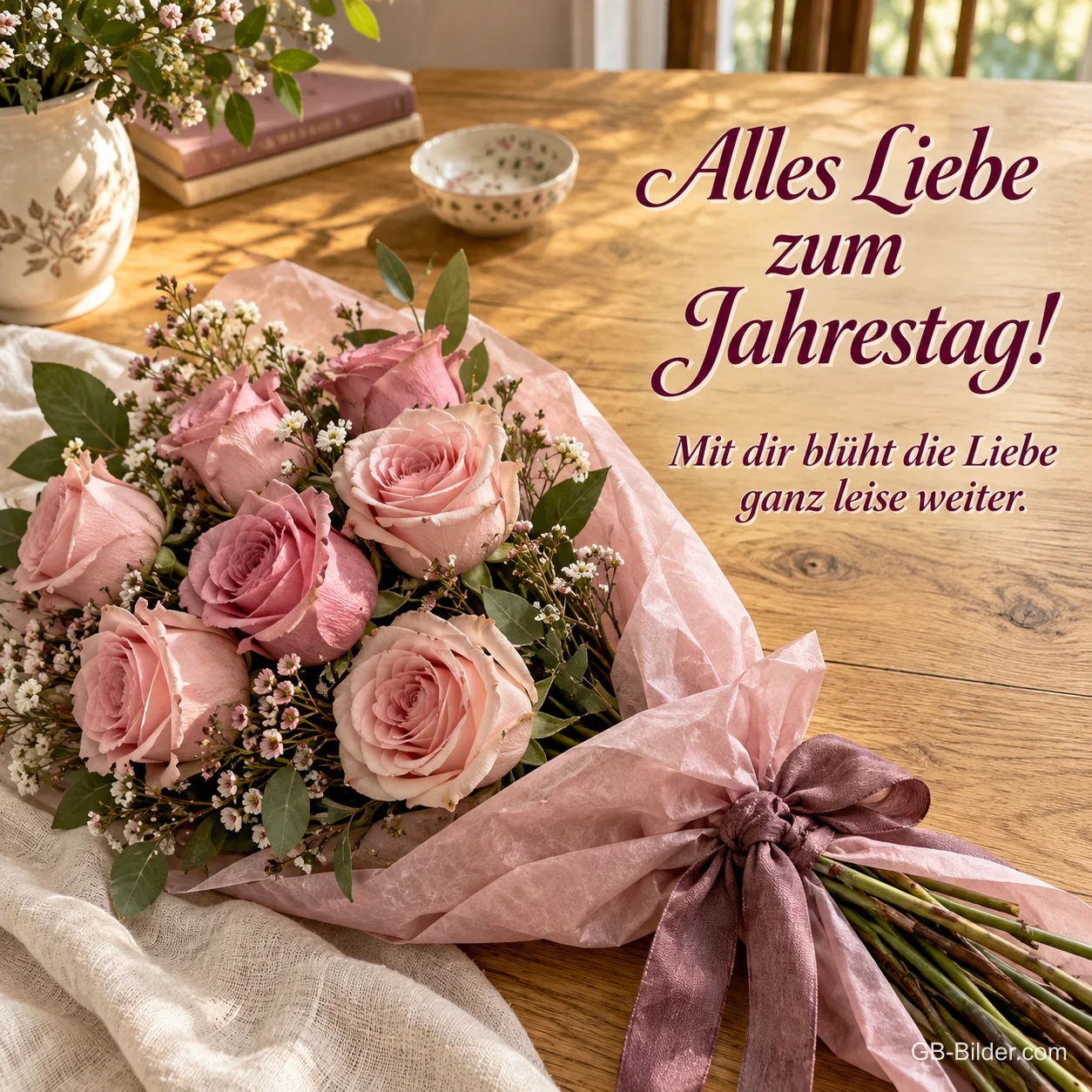 Rosa Rosenstrauß auf Holz, Text: Alles Liebe zum Jahrestag! Rosa Rosenstrauß auf Holz, Text: Alles Liebe zum Jahrestag!