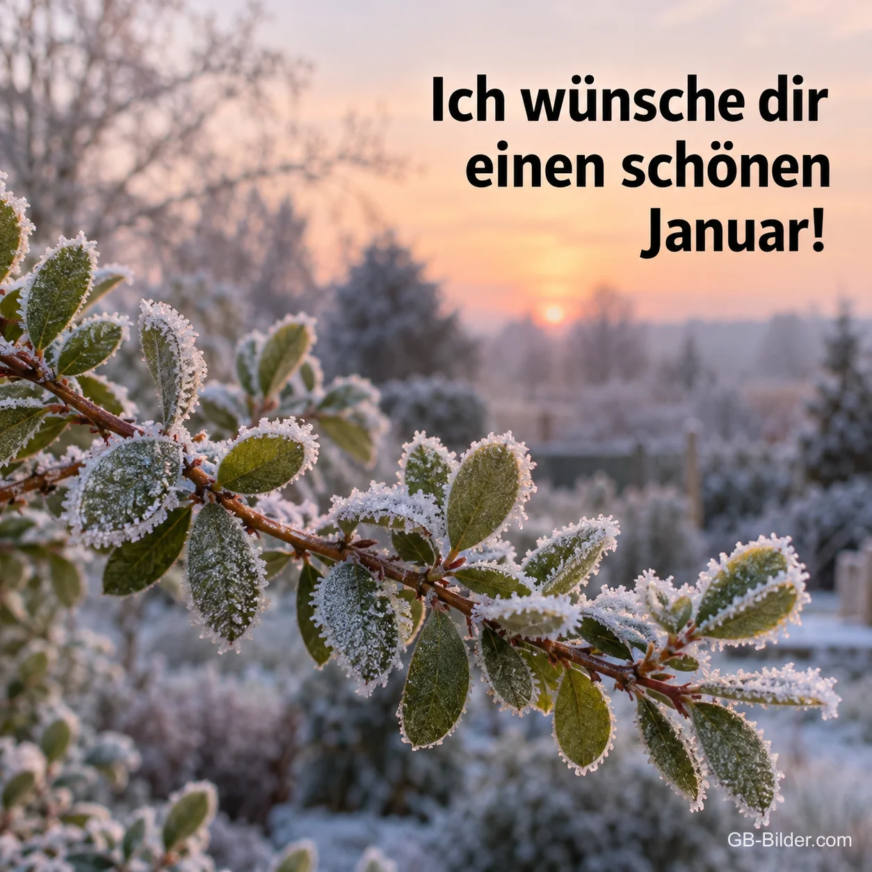 Bereifte Blätter im Morgenlicht, Text: Ich wünsche dir einen schönen Januar! Bereifte Blätter im Morgenlicht, Text: Ich wünsche dir einen schönen Januar!