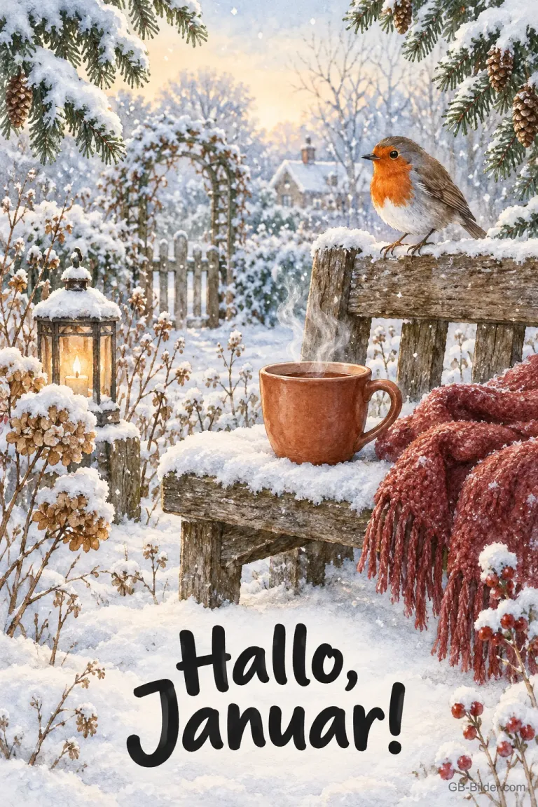 Dampfende Tasse auf verschneiter Gartenbank mit Rotkehlchen, Text: Hallo, Januar!