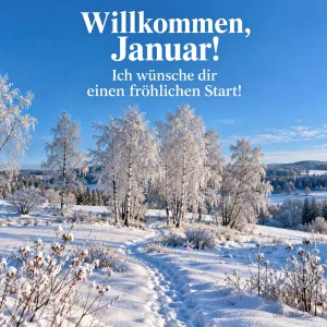 Bereifte Birken unter blauem Himmel, Text: Willkommen, Januar! Ich wünsche dir einen fröhlichen Start!