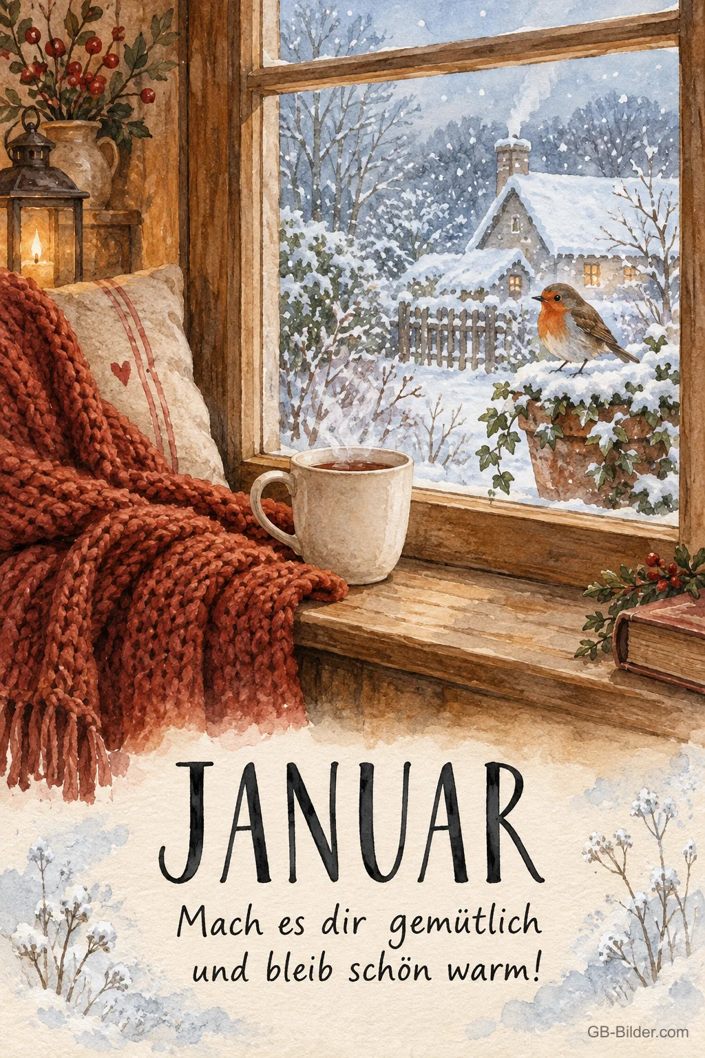 Fensterplatz mit Strickdecke und Tasse, Text: Januar – Mach es dir gemütlich und bleib schön warm! Fensterplatz mit Strickdecke und Tasse, Text: Januar – Mach es dir gemütlich und bleib schön warm!