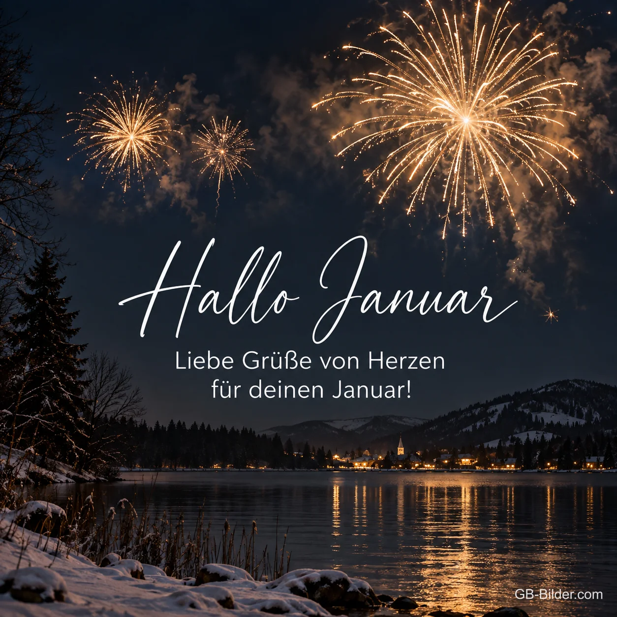 Feuerwerk über einem verschneiten See, Text: Hallo Januar – Liebe Grüße von Herzen für deinen Januar! Feuerwerk über einem verschneiten See, Text: Hallo Januar – Liebe Grüße von Herzen für deinen Januar!